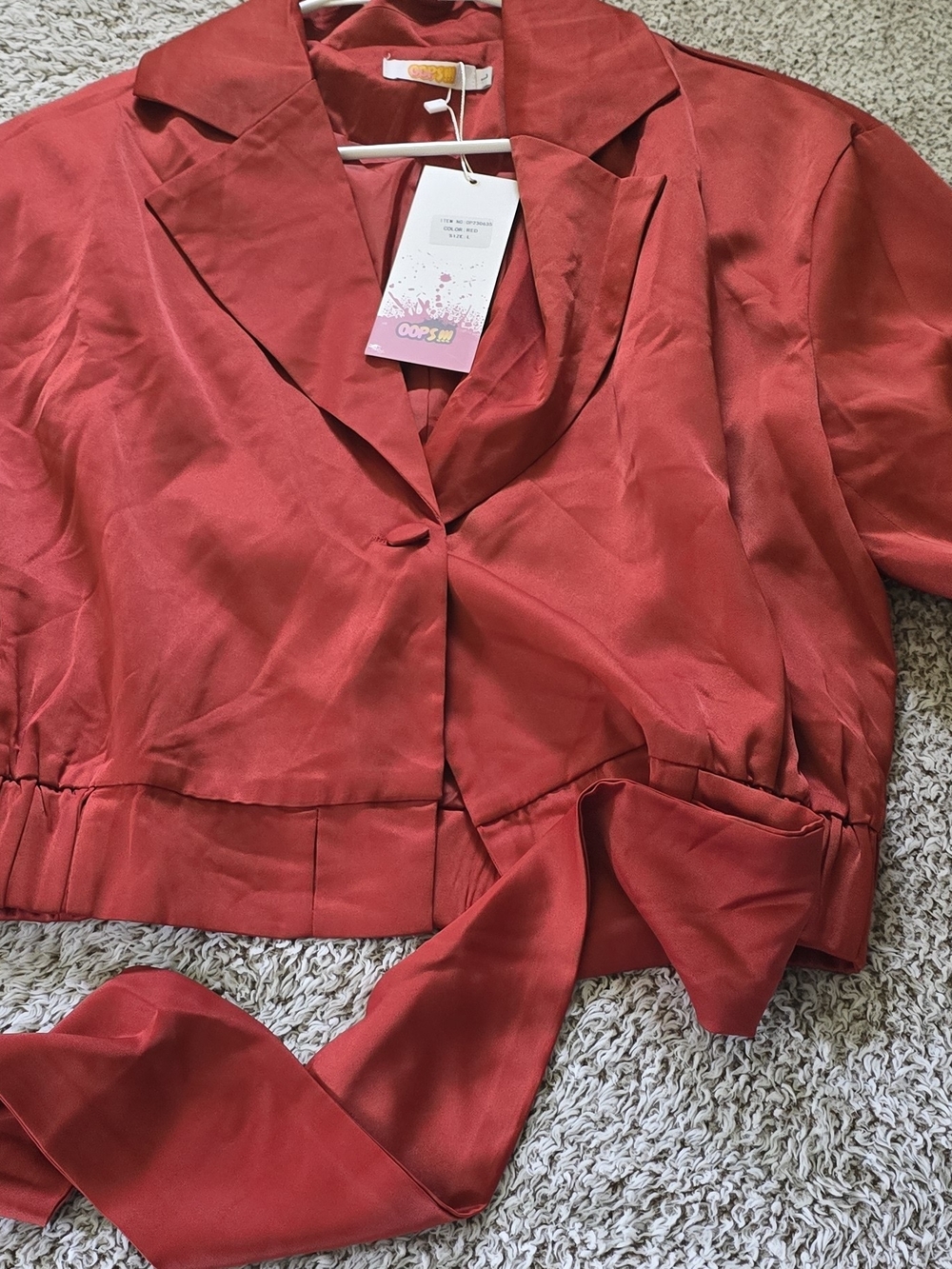Oops! Red Satin Cropped Blazer with Waist Tie